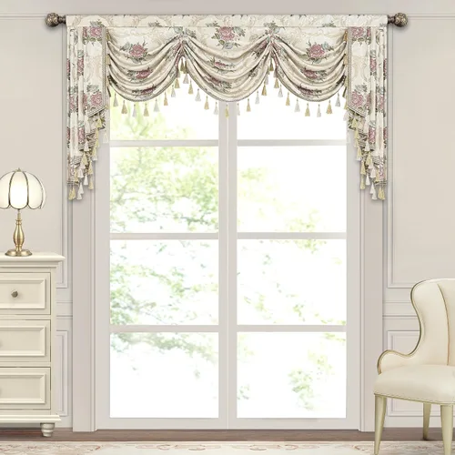 Miniatura 42 de Loom and Mill Cenefa de cascada de lujo de jacquard para sala de estar, elegantes cenefas de ventana con festones y cuentas damascadas, cortinas