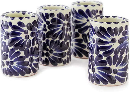 Miniatura 17 de Juego de 4 vasos de chupito Talavera auténticos mexicanos para tequila - Pintados a mano - 2 Oz (Flores naranjas)