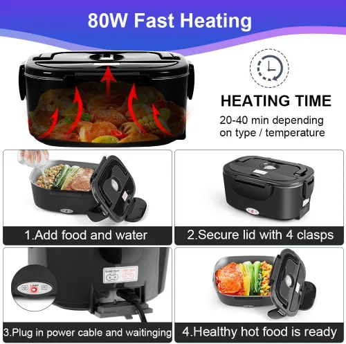 Miniatura 5 de IXIIE Lonchera eléctrica de 80W, calentador de alimentos para el trabajo, 12V/24V/110V, lonchera portátil para adultos con 2 envases de acero