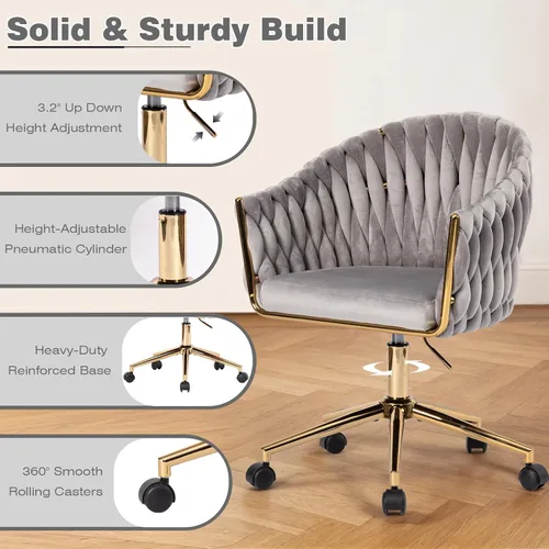 Miniatura 5 de Silla de Oficina de Terciopelo con Respaldo Tejido a Mano, Sillas de Escritorio de Tocador con Ruedas Doradas, Silla de Escritorio Giratoria