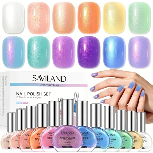 SAVILAND Juego de esmaltes de uñas: esmalte de uñas de secado rápido, 12 colores libres, esmalte de uñas con purpurina de sirena, esmalte de capa