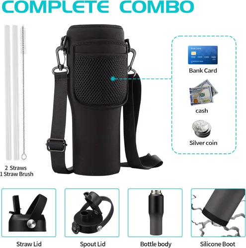 Miniatura 5 de Botella de Agua de Metal que Cabe en Portavasos de 32oz, Frasco de Vacío de Acero Inoxidable con Pajita y Tapa de Sorbo Emergente, A Prueba de Fugas