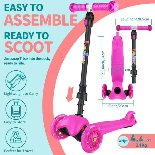 Miniatura 5 de BELEEV Patinete A1 para niños de 2 a 6 años, patinete de 3 ruedas para niños pequeños, niñas y niños, ruedas que se iluminan, altura ajustable, Rosa
