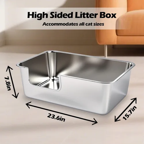 Miniatura 6 de Caja de arena para gatos TownTime de acero inoxidable, bandeja de arena mental extra grande XL Jumbo con lados altos y tapa, entrada baja para gatos