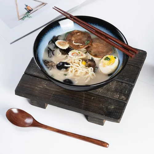 Miniatura 8 de Juego de cuencos de cerámica japoneses para ramen, 2 juegos de cuencos asiáticos para fideos para sopa Pho Udon con cucharas y palillos