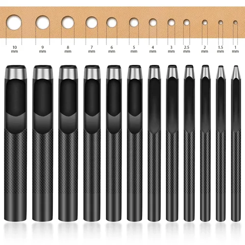 12 perforadores de cuero – perforador redondo de acero para manualidades, herramienta de corte para correas de reloj, cuero, cinturones, lienzo,