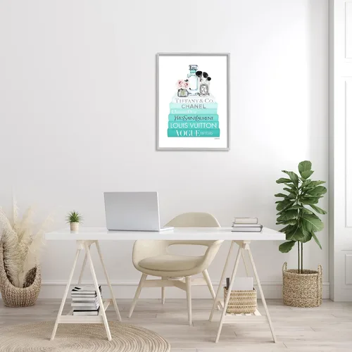 Miniatura 2 de Stupell Industries Glam Fashion Cosmetics - Librero azul con rosas suaves, diseño de Amanda Greenwood, arte de pared enmarcado gris, 24 x 30 pulgadas