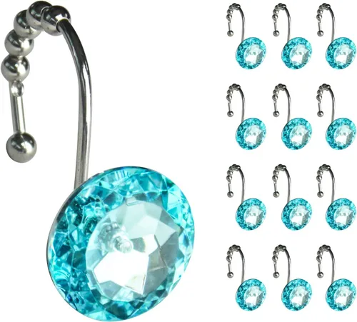 Miniatura 15 de Sunlit Diseño de Lujo Redondo Aqua Azul Diamante Cristal Gema Bling con Bolas Deslizantes Ganchos para Cortina de Ducha, Anillos para Cortina