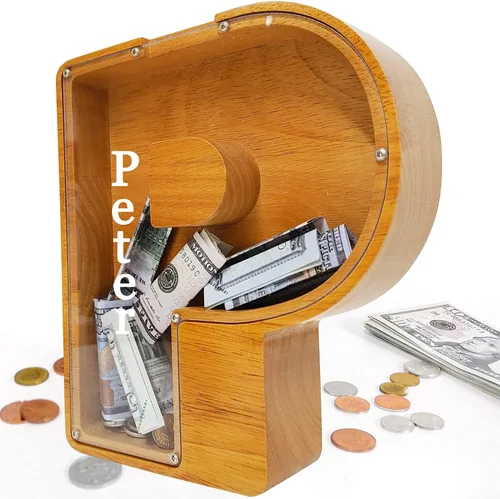 Miniatura 14 de Alcancía para niños y niñas, alcancía grande de madera personalizada con diseño recortado, bancos de monedas con letras del alfabeto, caja de ahorro