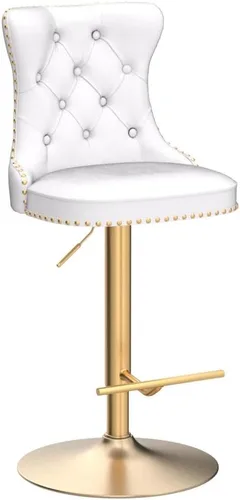 Miniatura 5 de Juego de 2 modernos taburetes de bar giratorios ajustables, sillas de bar copetudas de terciopelo beige con respaldo y ribete de cabeza de clavo