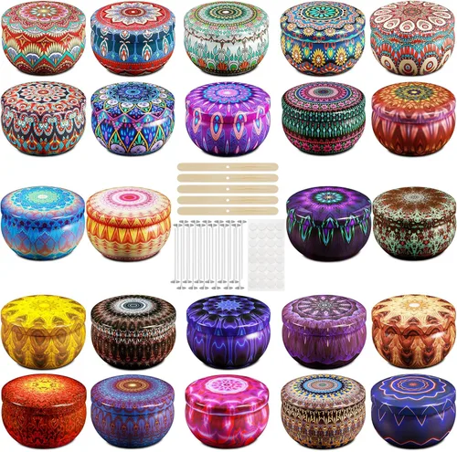 Domivirgo 24 latas de velas vacías de 2.5 onzas con tapas, kit simple de fabricación de velas, incluye 26 mechas, 5 soportes y 32 calcomanías,