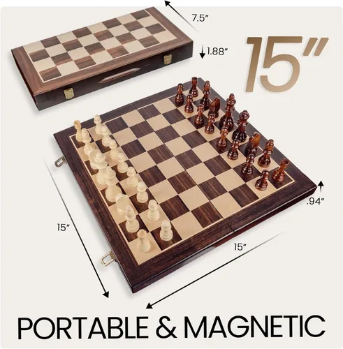 Miniatura 2 de Juego de ajedrez magnético de madera de 15 pulgadas, tablero de ajedrez portátil plegable grande, piezas talladas a mano, ranuras de almacenamiento