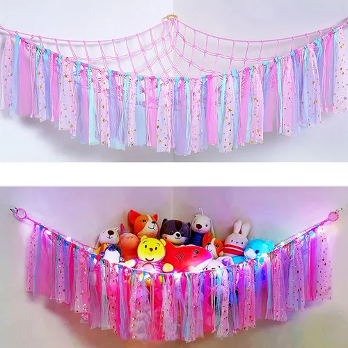 Miniatura 9 de Hamaca de almacenamiento de red de animales de peluche con luces LED, borlas coloridas, hamaca colgante de juguetes de peluche, organizador
