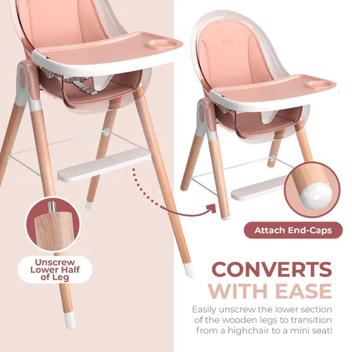 Miniatura 7 de Silla alta de Children Of Design - Trona de bebé 6 en 1 no reclinable para bebés y niños pequeños, de madera moderna, fácil de limpiar, bandeja Rosa