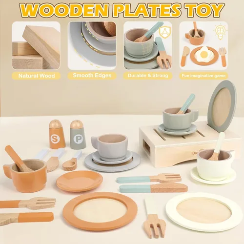 Miniatura 2 de Platos y vajilla de juego de madera para set de cocina de niños, 27 piezas de accesorios de cocina de juego de madera, juguete de cocina para niños