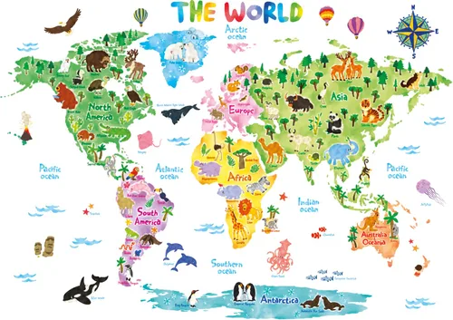 DECOWALL DLT-1615 - Calcomanías de pared para niños, diseño de mapa del mundo animal, adhesivos de pared extraíbles para niños, guardería,