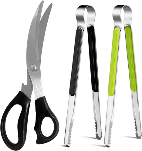 Tijeras de cocina. Juego de tijeras y pinzas para barbacoa coreana, tijeras y pinzas de cocina para cortar carne, pollo, verduras, tijeras y pinzas