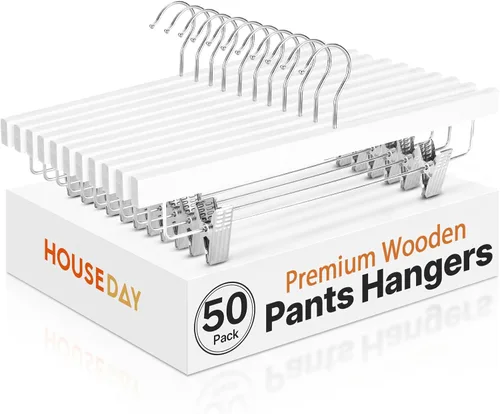 Miniatura 17 de HOUSE DAY Paquete de 25 perchas de madera de alta calidad para pantalones, perchas de falda de madera de loto maciza con 2 clips ajustables, Blanco