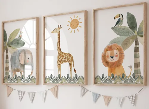 Eviepops Prints Lindos animales de safari juego de 3 impresiones sin marco para bebé niña o niño, cuarto de bebé, habitación de niños, decoración de