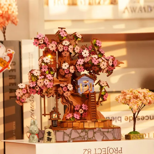 Sakura Tree House Kit de casa en miniatura para adultos, rompecabezas de madera 3D con luz, juego de construcción de flor de cerezo japonés, modelo
