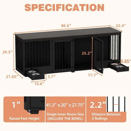 Miniatura 2 de Mueble estilo jaula para perros grande para 2 perros, perrera de madera resistente de 86.6" con cajones y divisor para comedero de perros, perrera
