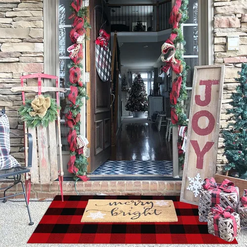 Miniatura 3 de Alfombra de Navidad a cuadros para exteriores, 2 x 4 pies 3 pulgadas, rojo y negro, alfombra de área para interiores y exteriores, alfombra de capas