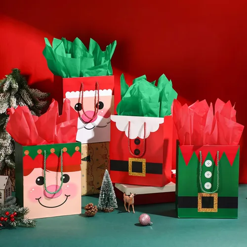 Miniatura 5 de Cholemy 16 piezas de bolsas de regalo de Navidad medianas gruesas con papel de seda, bolsas de papel kraft de Navidad con asas para envolver regalos