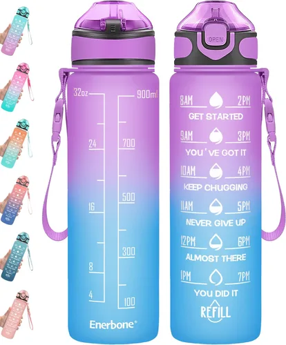 Miniatura 32 de Enerbone Botella de agua potable de 32 oz con tiempos para beber y popote, motivacional con correa para llevar, a prueba de fugas, sin BPA ni