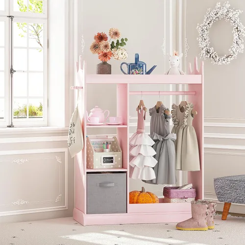Miniatura 6 de UTEX Armario guardarropa para niños con espejo y contenedor de almacenamiento, rosa, 33.4 pulgadas de ancho x 15.75 pulgadas de profundidad x 44.5
