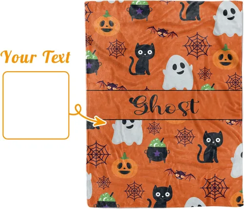 Miniatura 8 de Manta de Halloween personalizada, nombre personalizado con diseños de dibujos animados de Halloween, manta de franela de felpa suave con respaldo