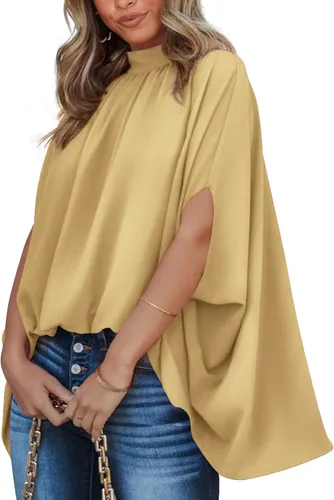 Miniatura 102 de BTFBM Blusas de verano para mujer, cuello alto falso, manga murciélago, holgadas, dobladillo alto y bajo, blusas informales de gran