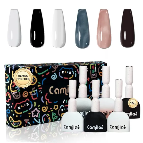 CAMILA ¿ Juego de 6 esmaltes de gel sin Tpo de 0.5 fl oz sin Hema de 0.5 fl oz, kit de esmalte de uñas de gel en blanco y negro, para salón de