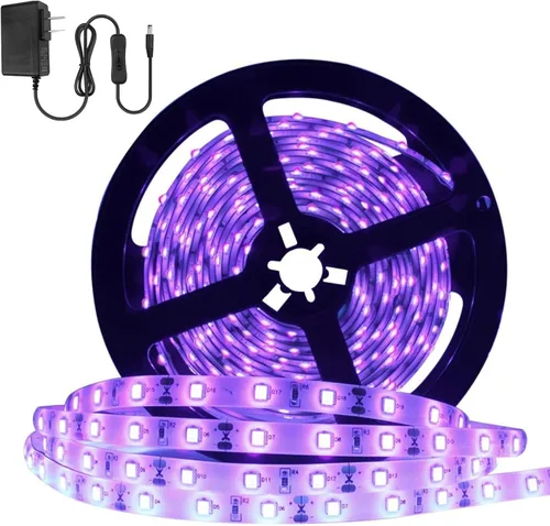 Tira LED de luz negra UV súper brillante de 24 vatios, 16.4FT/5M 3528 300LEDs 395nm-405nm Impermeable IP65 Luz negra Pesca nocturna implícitamente