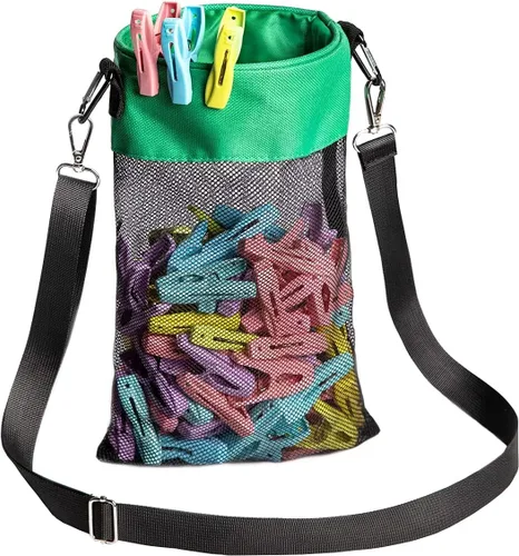 Bolsa de malla con ganchos para colgar ropa con cierre de cordón, soporte para pinzas para ropa, ventilación y resistencia a la humedad, organizador