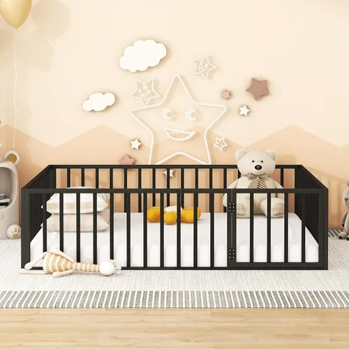 Miniatura 2 de Harper & Bright Designs Cama de suelo Queen con rieles de valla y puerta, cama de piso de metal Queen para niñas y niños, cama de suelo Montessori