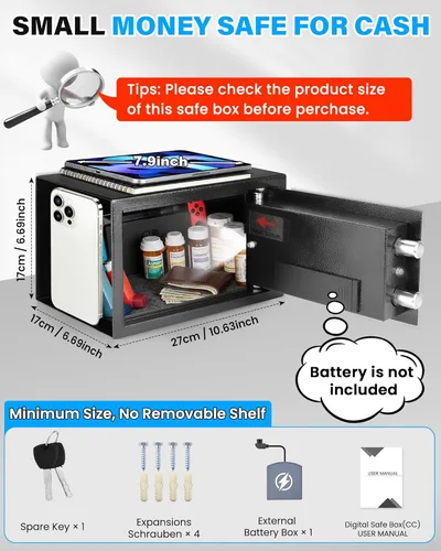 Miniatura 3 de [Mejorada] Caja de seguridad pequeña para el hogar, mini caja fuerte de 0.30 pies cúbicos con bolsa impermeable ignífuga, caja fuerte digital