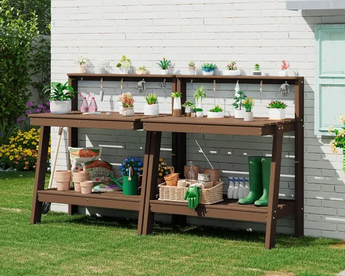 Miniatura 27 de SERWALL Banco de macetas para exteriores con fregadero extraíble, mesa para macetas de polietileno de alta densidad resistente a la putrefacción