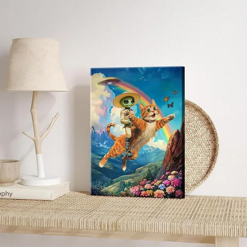 Miniatura 6 de Lienzo de paisaje victoriano OVNI para pared, diseño divertido de alienígena montando un gato, cuadros eclécticos de gato, póster impreso