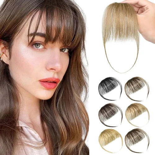 Miniatura 10 de Extensiones de cabello sintético con clip, flequillo francés, con sienes, color marrón ceniza, flequillo falso natural con clip para mujer, uso