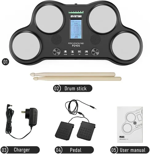 Miniatura 3 de PD405 Juego de batería eléctrica de mesa, con 163 sonidos de percusión, 4 almohadillas sensibles a la velocidad, 2 pedales y baquetas, regalo
