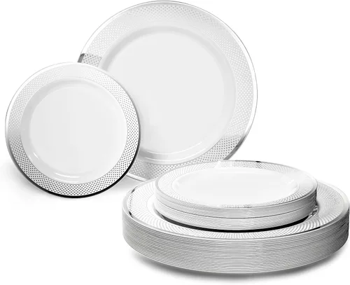 Miniatura 4 de OccasionS - Paquete de 100 platos (50 invitados) Juego de platos de plástico desechables de alta calidad para fiesta de boda, cena de 50 x 10.5