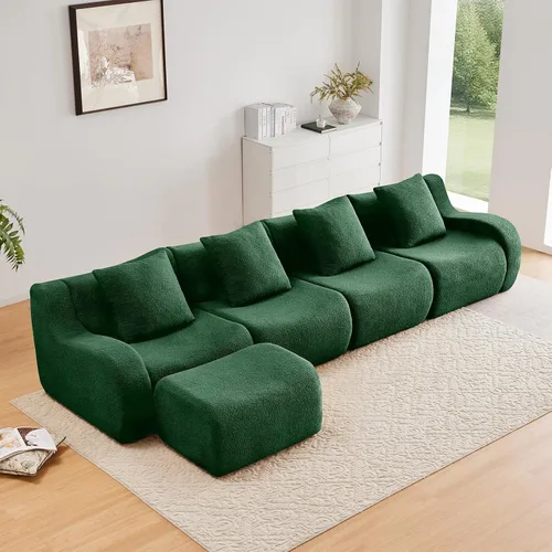 Miniatura 44 de Otomana de tela de peluche negra, moderno reposapiés modular sin hueso en una caja para sala de estar, cómodo diseño de asiento profundo,