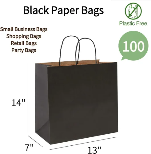 Miniatura 2 de COGLARING Bolsas de regalo negras con asas, paquete de 100 unidades de 13 x 7 x 14 pulgadas para compras, venta al por menor, embalaje de mercancía