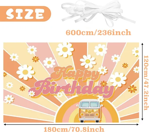 Miniatura 5 de Pancarta de cumpleaños hippie retro Groovy Boho Daisy Bus Daisy Flower Boho Party Fotografía telón de fondo Groovy Hippie Theme Happy Birthday Party