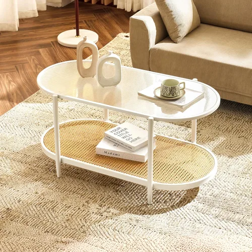 Miniatura 21 de VINGLI Mesa de Centro de Cristal, Mesa de Centro Redonda de 25.6" Dorado Champán para Sala de Estar, Mesa de Centro de Cristal de 2 Niveles con Oro