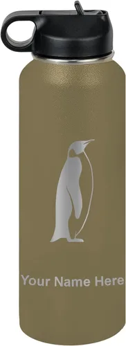 Miniatura 68 de LaserGram Botella de agua personalizada, pingüino, acero inoxidable de doble pared aislada al vacío con popote superior, regalo grabado