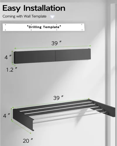 Miniatura 6 de Vikaqi Tendedero de ropa para montar en la pared de 40 pulgadas, plegable para colgar en la pared, estante plegable para interiores, estante de Negro