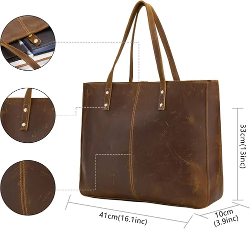 Miniatura 5 de Bolso de hombro de cuero completo para mujer, bolso grande de trabajo para hombres y mujeres, bolso de hombro de negocios, bolso vintage marrón