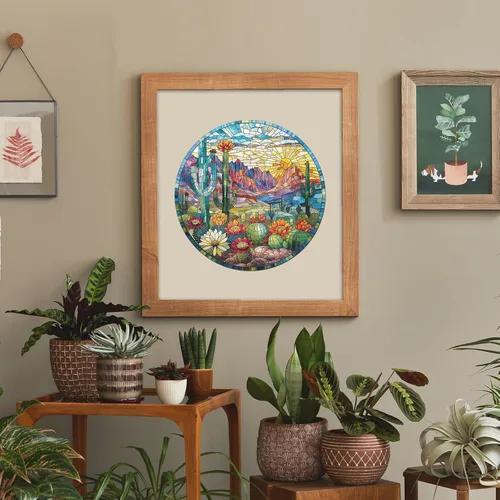 Miniatura 6 de Jigfoxy Rompecabezas de madera para adultos, rompecabezas de madera de cactus vitrales para adultos, rompecabezas de madera único