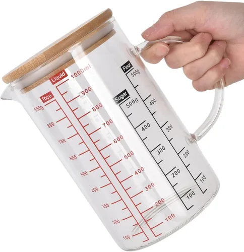 Taza medidora de vidrio transparente, taza medidora de vidrio con tapa Taza medidora con escalas de medición y boquilla para cocina o restaurante